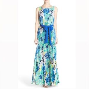 Floral Watercolor Blue Green Trendy Pleated Maxi Formal Dress